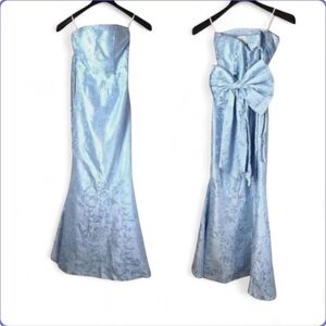 Satin Blue Damask Formal Evening Gown W/ Bow Strapless Satin  Size 0 NWOT